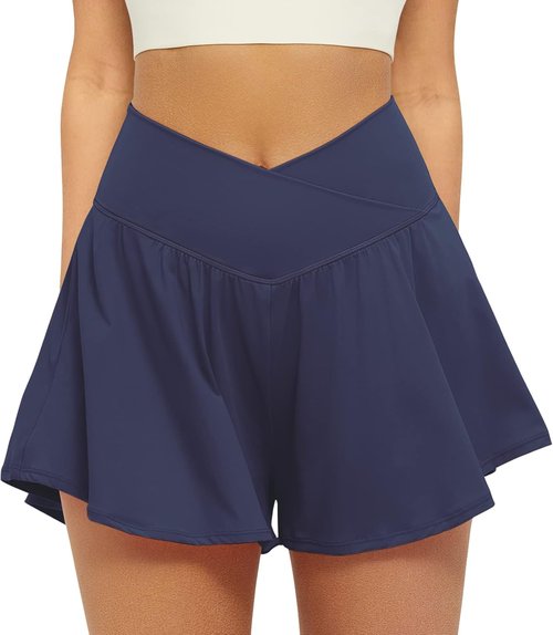 FireSwan Crossover Athletic Shorts - 2 in 1 Flowy Running Shorts with Pockets | Spandex Butterfly Skorts