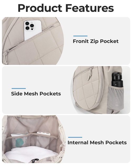 ecosmile Drawstring Tennis Backpack, Puffer Tennis Racket Bag with Shoe Compartment & Wet Pocket Gym Bag for Women, Suitable for Pickleball Tennis Badminton (Camel)