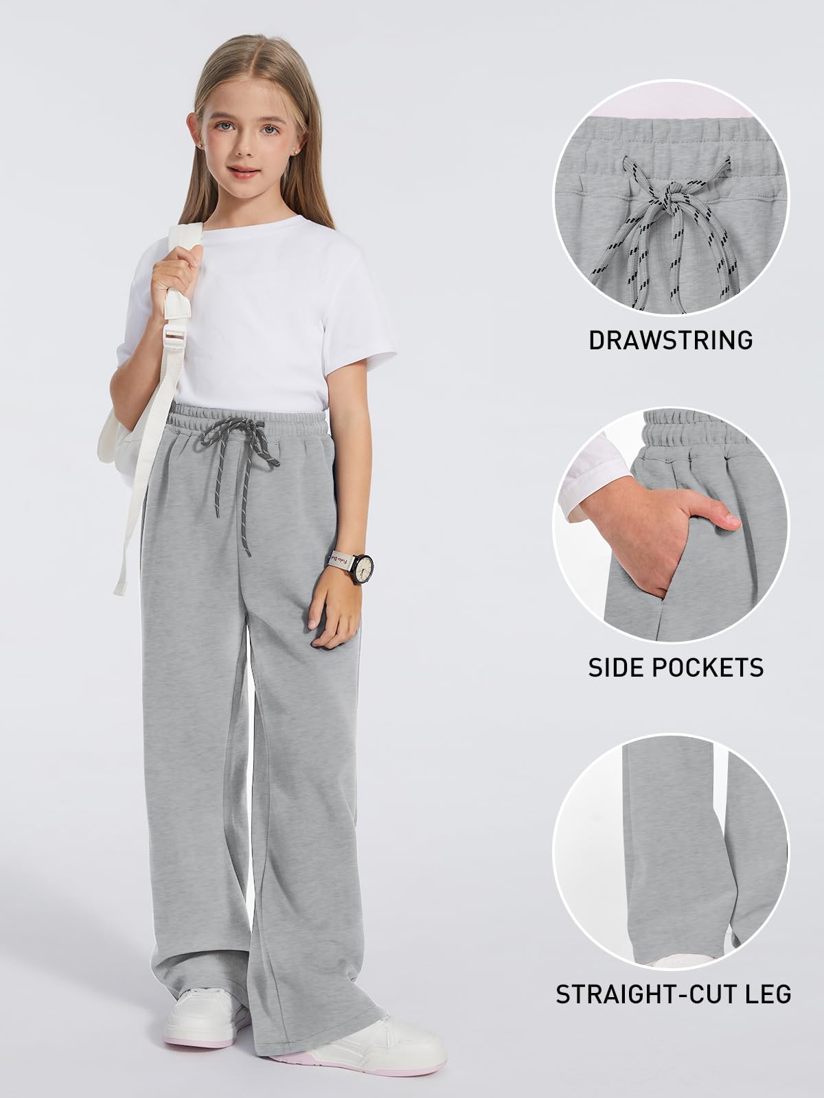 Hvididan Girls Sweatpants Grey Pants Size 10-12 Straight Leg Drawsting Light Grey Sweatpants for Teen Girls Athletic Trackpants Workout Jogger Pants, Gray