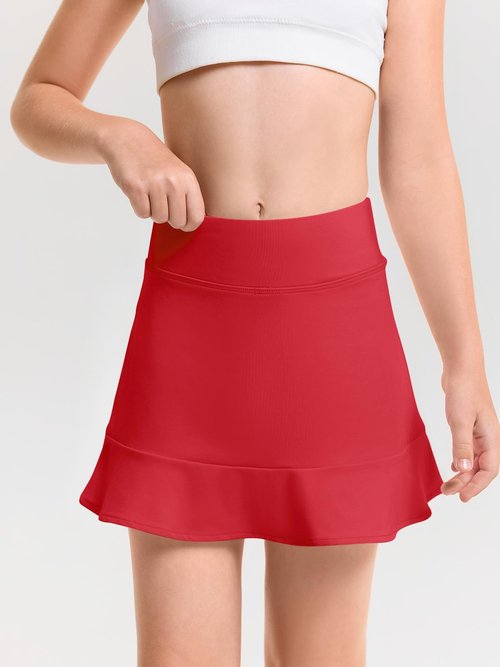 Haloumoning Girls Athletic Tennis Golf Skirts with Shorts Kids High Waist Ruffle A-line Skorts with Pockets 5-14 Years Red