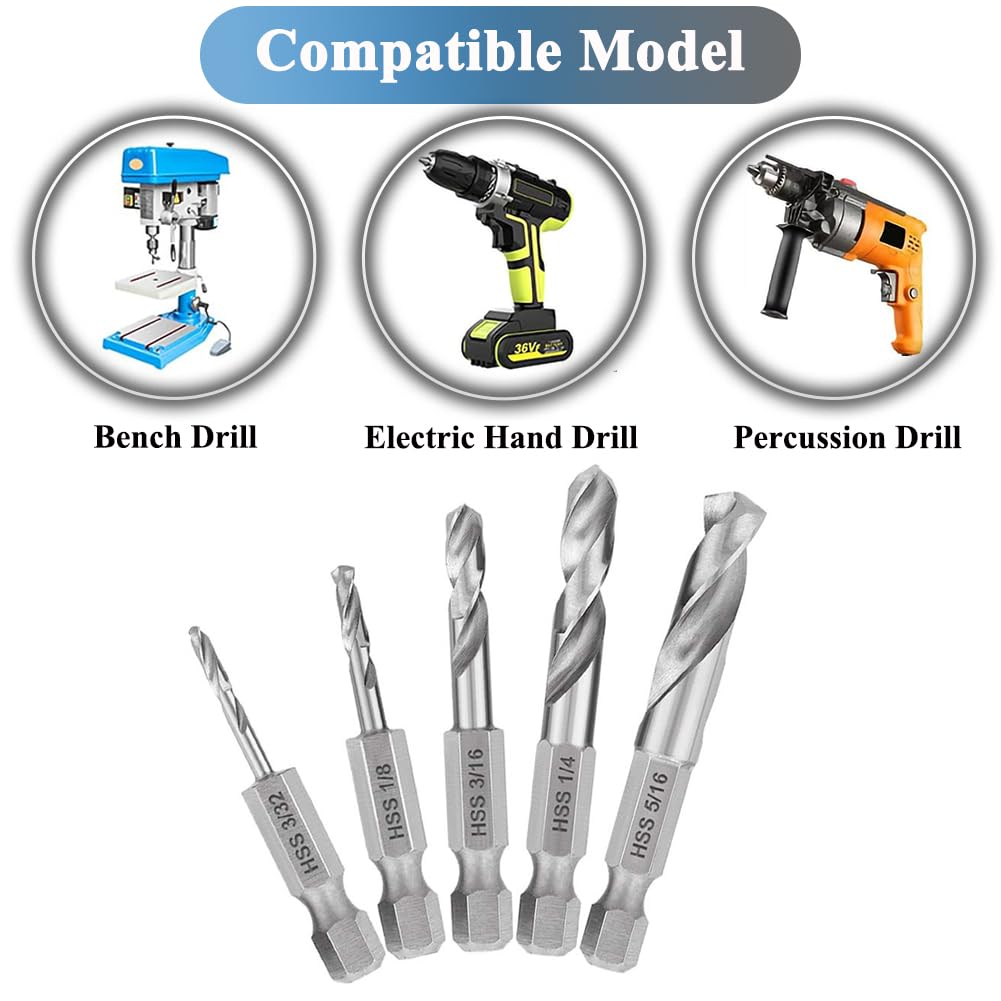 Teocpai 5Pcs 1/4'' Hex Shank Stubby Drill Bit Set for Metal, HSS M2 for Quick Change 3/32, 1/8, 3/16, 1/4, 5/16 Inch