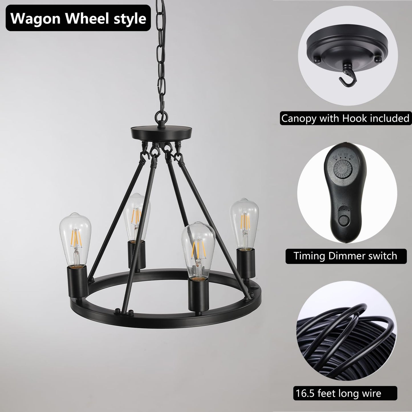 4-Light Plug in Chandelier with Dimming and Timer Switch,Black Wagon Wheel Round Metal Chandelier,Hanging Light with 16.5ft Cord,Modern Industrial outdoor light fixture for gazebo,Bedroom,Dining Room