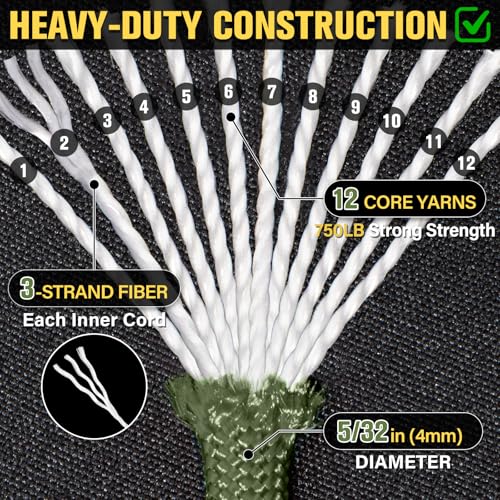 Heavy Duty Paracord Rope 750 lb - 100ft Army Green, 12-Strand