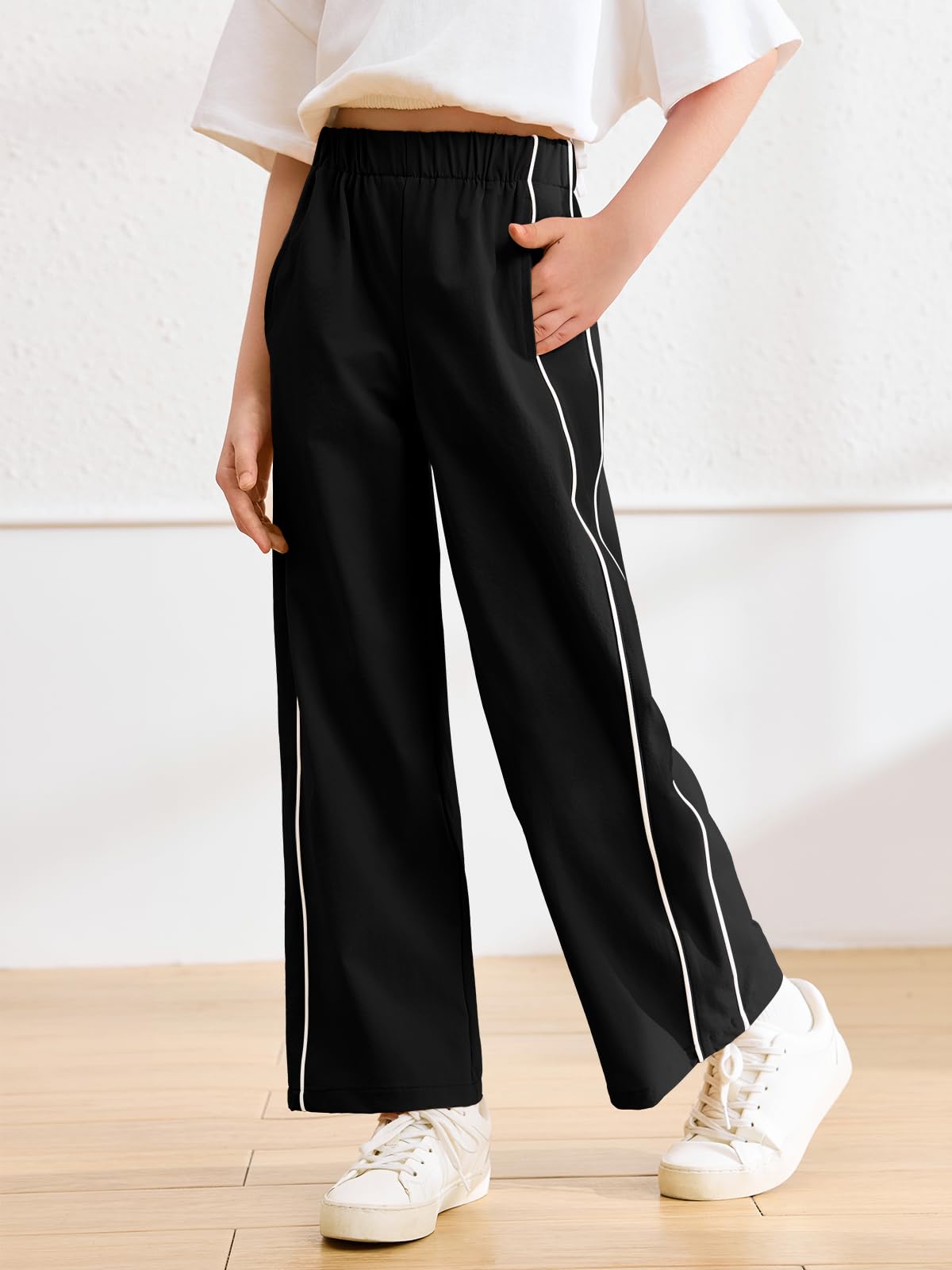 Haloumoning Girls Wide Leg Track Pants Kids Baggy Striped Parachute Pants Athletic Joggers with Pockets 5-14Y Black