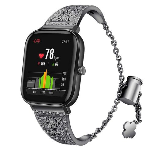 FitTurn Compatible with Amazfit Bip 6/Bip 5/Pace/Cheetah/Stratos 2 3/GTR 4/GTR 3/GTR 3 Pro/GTR 2/GTR 2e/GTR 47mm Band, Replacement Bling Metal Strap Stainless Steel Metal Jewelry Bangle Wrist Strap Bracelet Rhinestone (Black)