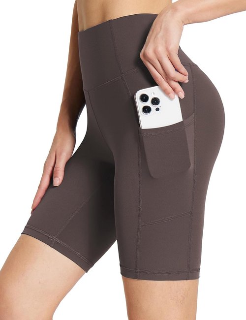 Baleaf Women's High-Waisted Spandex Biker Shorts - 8" Compression with Pockets in Brown, XXXL