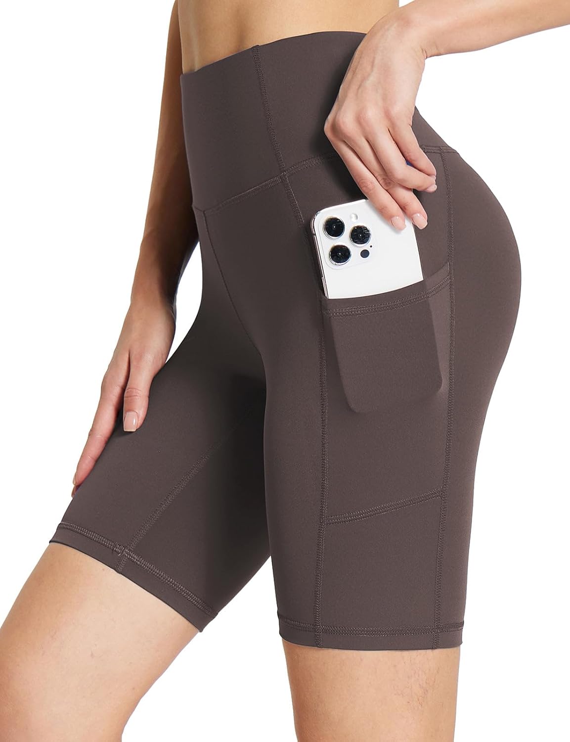 Baleaf Women's High-Waisted Spandex Biker Shorts - 8" Compression Workout Shorts with Pockets, Brown L