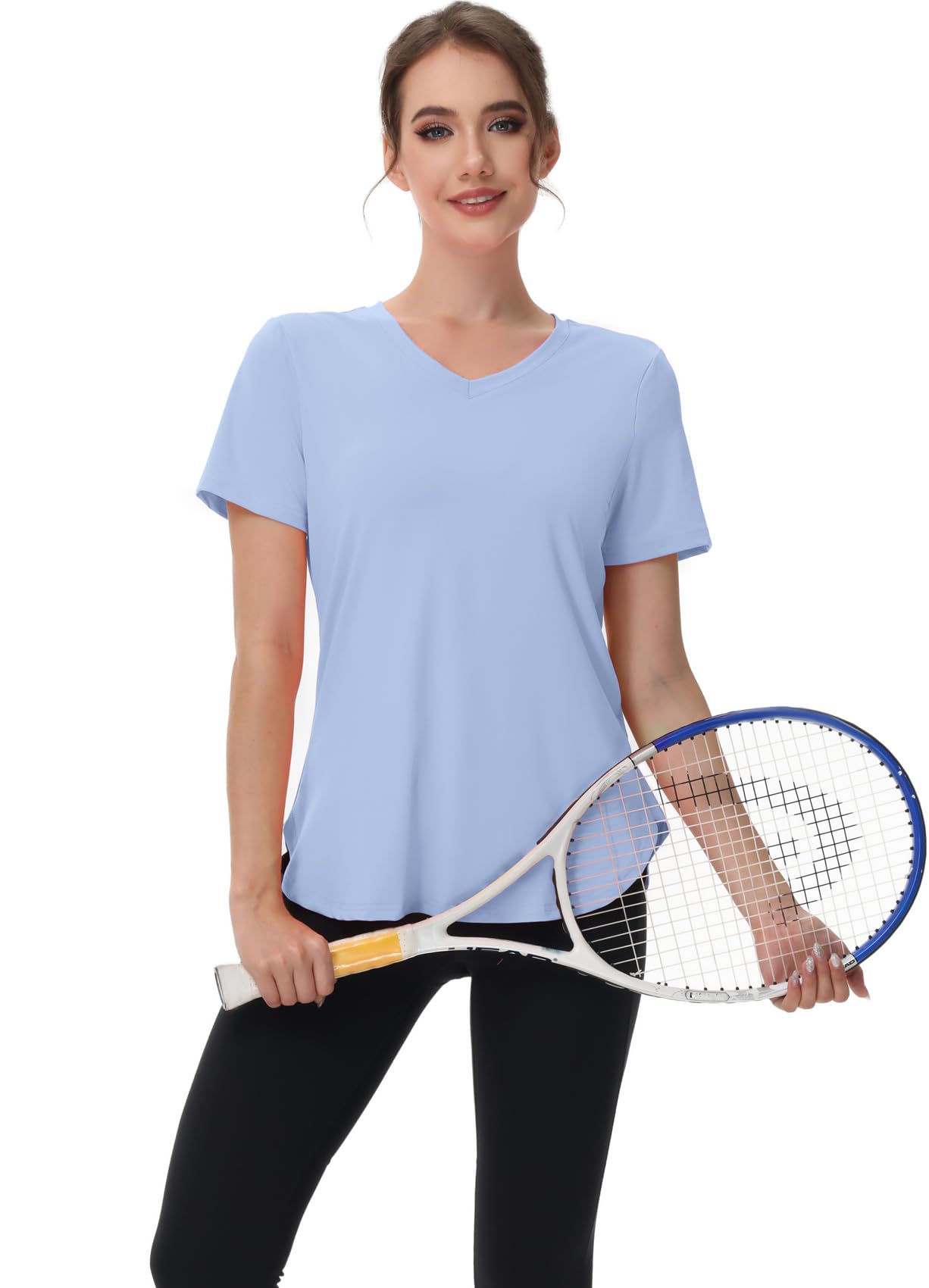 Kaleforneo Workout Tops for Women Short Sleeve T Shirts Moisture Wicking Yoga Gym Running Hiking V Neck Athletic Tee Blue L