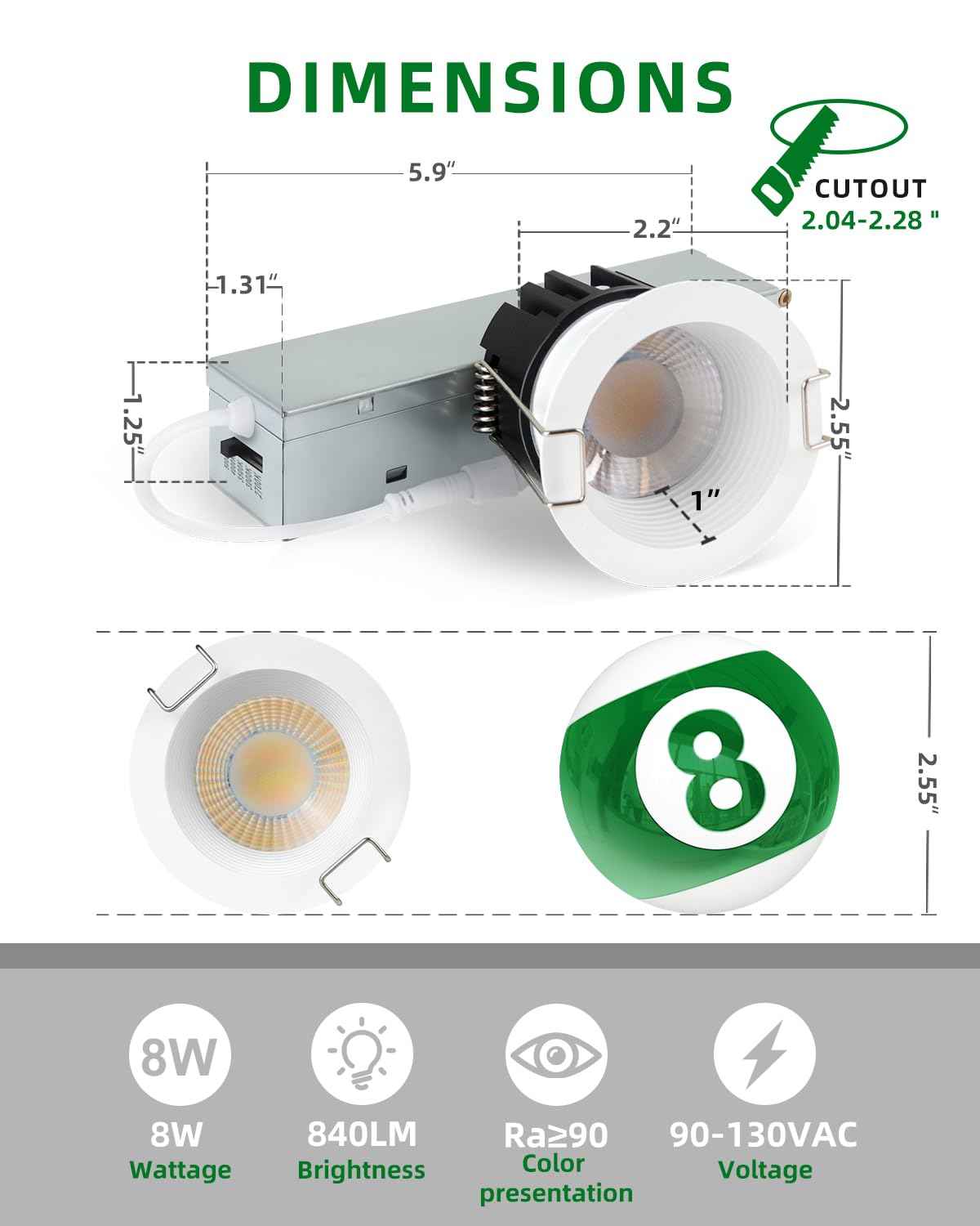 zouzai 6 Pack 2 Inch 5CCT LED anit- Glare Down Light with Junction Box, 2700K/3000K/3500K/4000K/5000K Selectable, LED spot, Dimmable - ETL and Energy Star Certified (White, 2 inch 【6 Pack】)