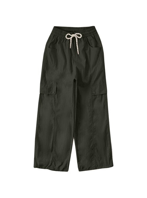 Ecolala Girls Cargo Pants Y2K Baggy Straight Wide Leg Drawstring Jogger Pants with Pocket Army Green 13-14 Years