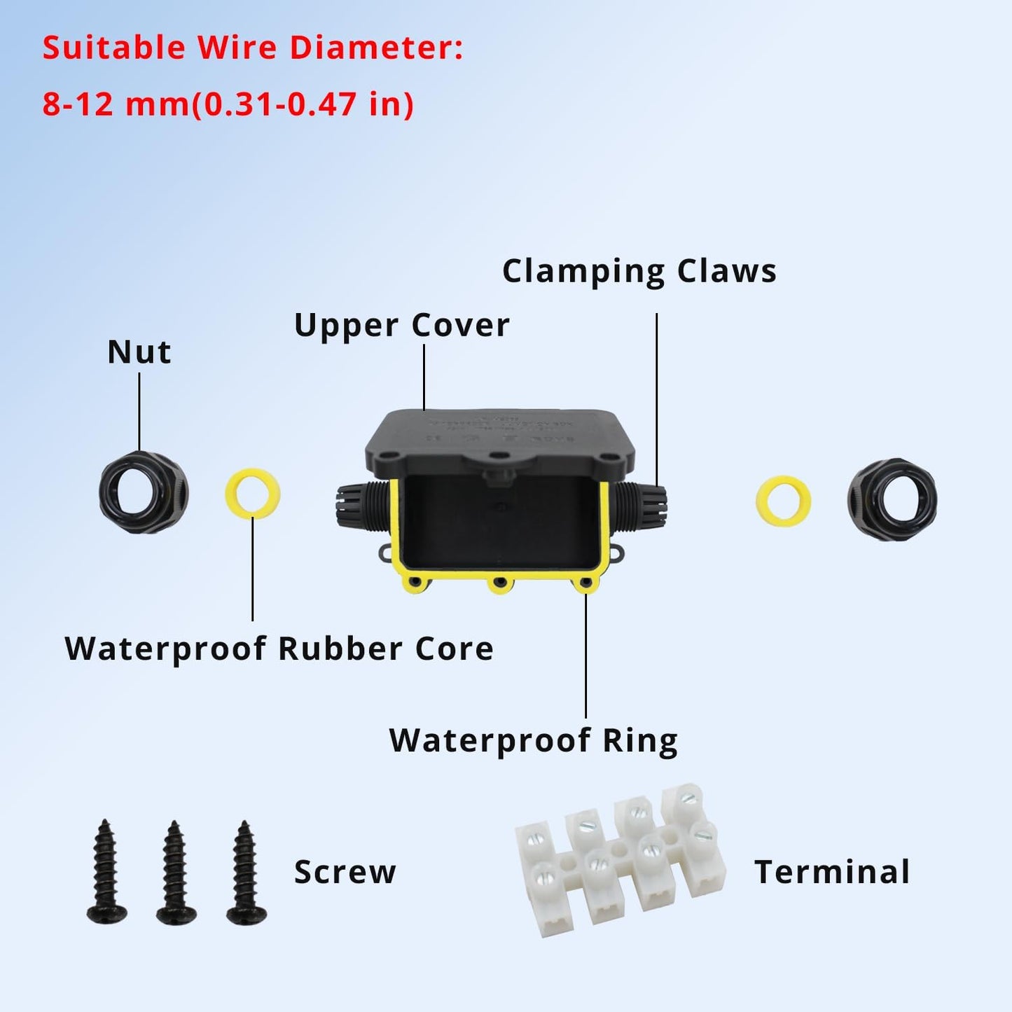 MAKERELE Small External Junction Box IP68,2 Way Clamshell-Type Underground Electrical Box with Screw Terminal Block Airtight Plastic Box Maximum Inner Diameter 12mm