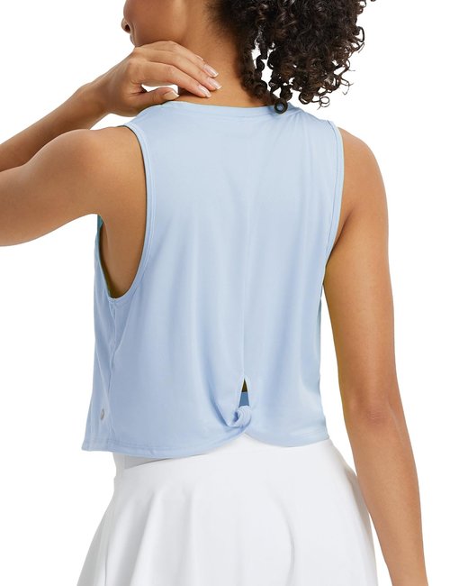baleaf Workout Tops for Women Cropped Back Knotted Sleeveless Tank Tops Quick Dry Athletic Gym Yoga Running Shirts Loose Fit UPF50+ Light Blue XL