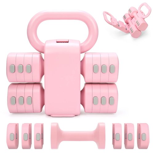 Axiqunel Adjustable 2-in-1 Convertible Kettlebell & Dumbbells Set, 4 in 1 Free Weights Dumbbell Set of 2, Each 2.2 3.3 4.4 5.5lb Quick Change Women Dumbbell Set for Home Exercise Training(Pink)