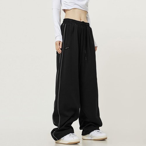 Elincho Women's Y2K Sweatpants Baggy Wide Leg Joggers Elastic Drawstring Waist Casual Streetwear with Pockets Black