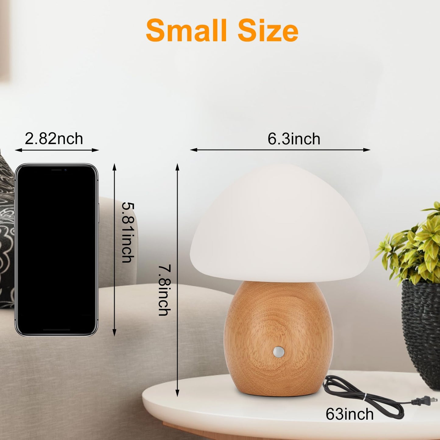 BNYFDC Mushroom Lamp with Touch Control Switch, Small Wooden Table Lamp with Glass Shade, 3 Way Dimmable Nightstand Lamp for Bedroom, G9 LED Bulb Included (Nature Wood&White Shade)