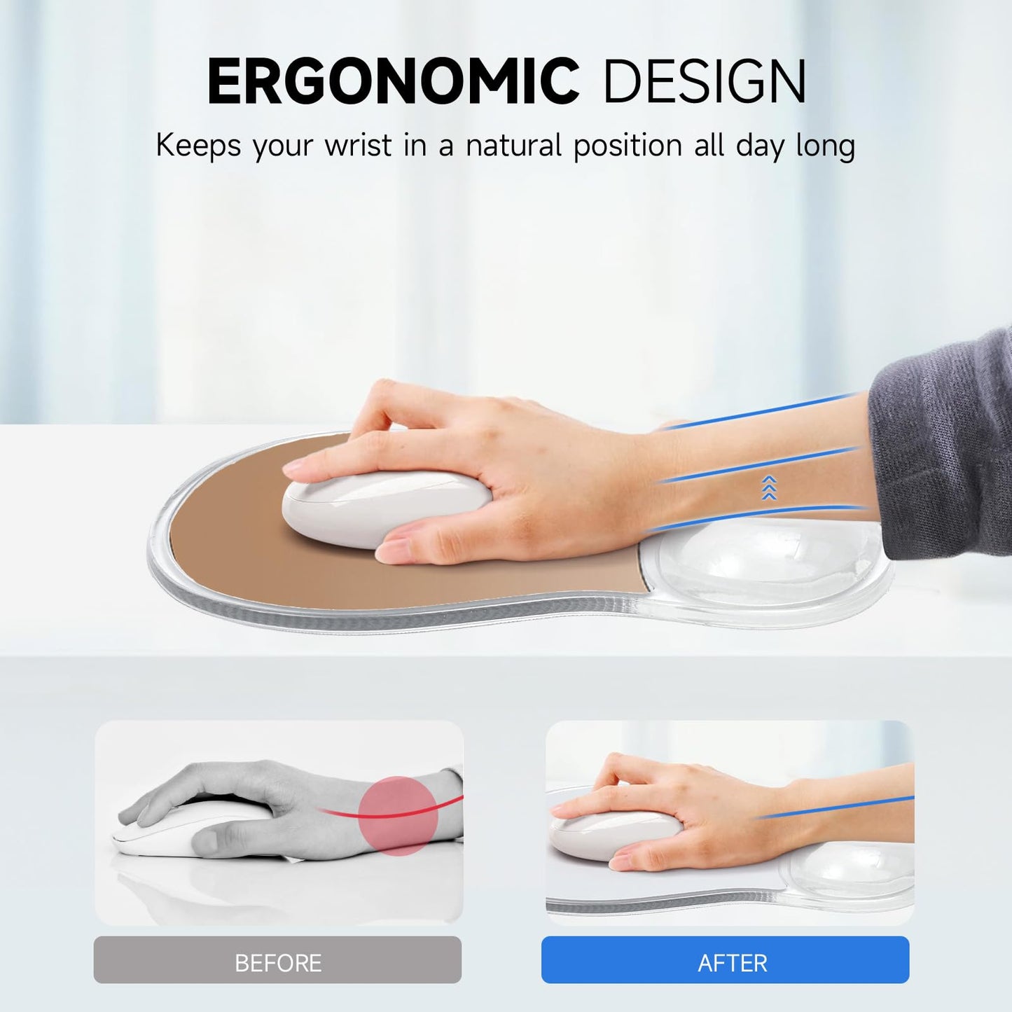 icolor Crystals Gel Wrist Rest Mouse Pads Ergonomic Mouse Mat with Memory Gel Cushion,Non-Slip PU Base Desk Skid Gel Pad for Computer Laptop,Relieves Wrist Pain (Brown)