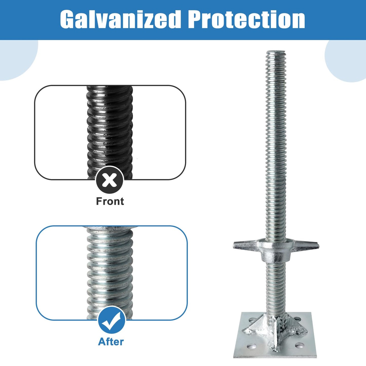 Reinforced Adjustable Leveling Jacks, 18.25" Solid Scaffolding Parts with Base Plate, 4 Pack Galvanized Silver Screw Jacks for Baker Style Scaffolding