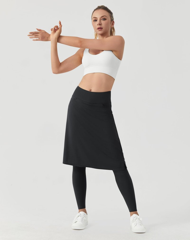 beroy Women Skirt with Fleece Full Leggings Modest Athletic Tennis Golf High Waist Skirted Capris Legging with Pockets Black L