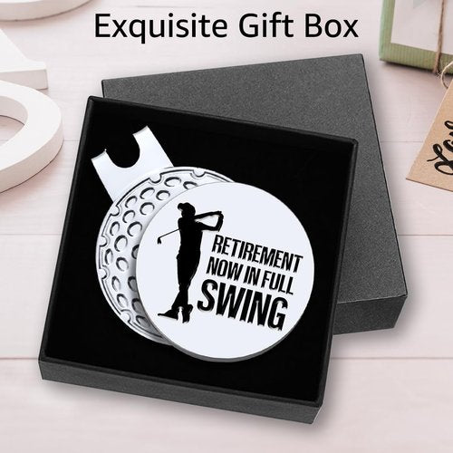 Hafhue Retirement Now in Full Swing Golf Ball Marker with Magnetic Hat Clip, Funny Golf Accessories and Golf Gift for Men Women Dad Grandma Grandpa, Birthday Retirement Gift for Golfer Golf Lover