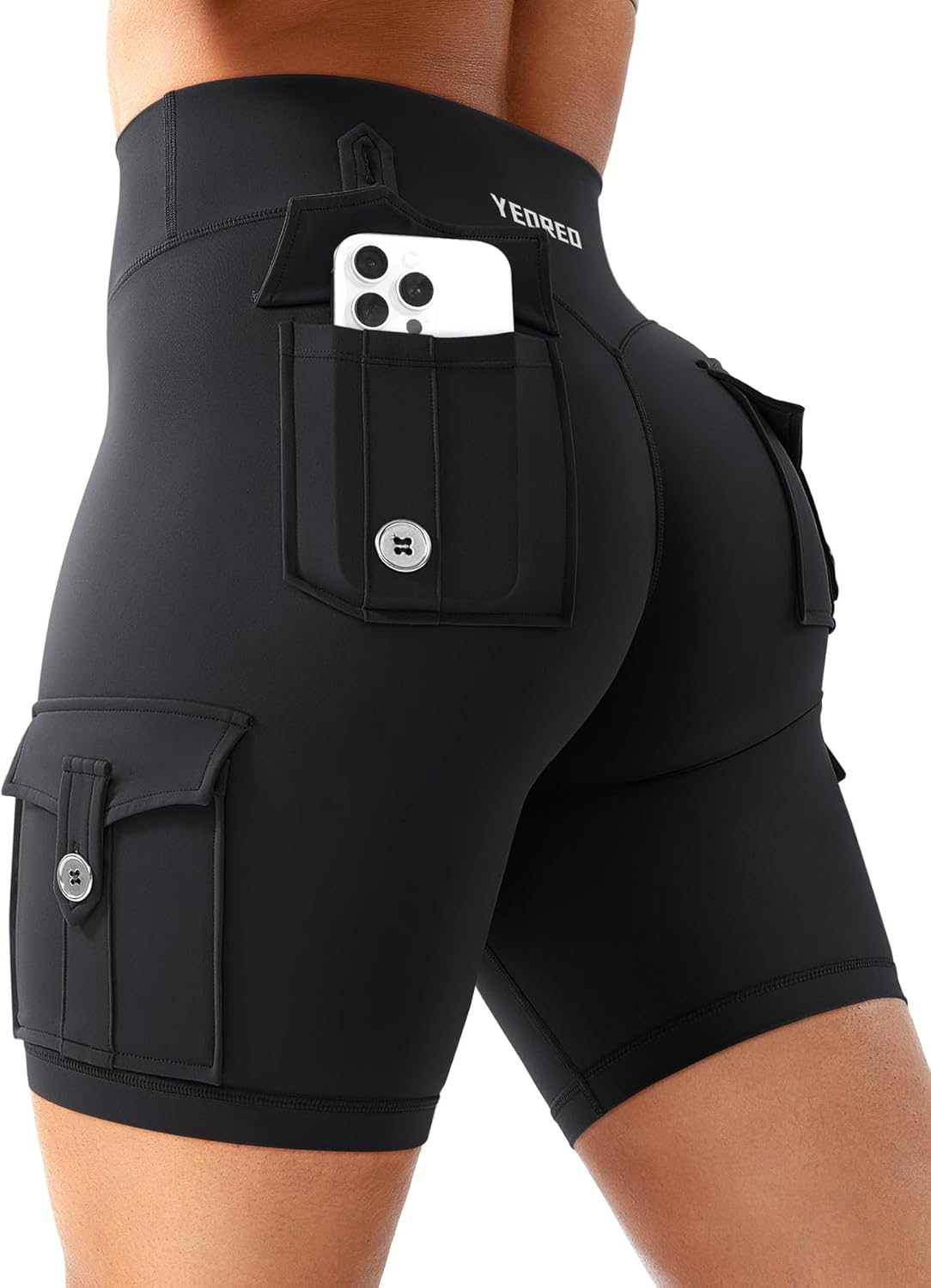 YEOREO CoreFlex Women's High-Waisted Biker Shorts - Hidden Cargo Pockets | 8" Inseam Gym Wear
