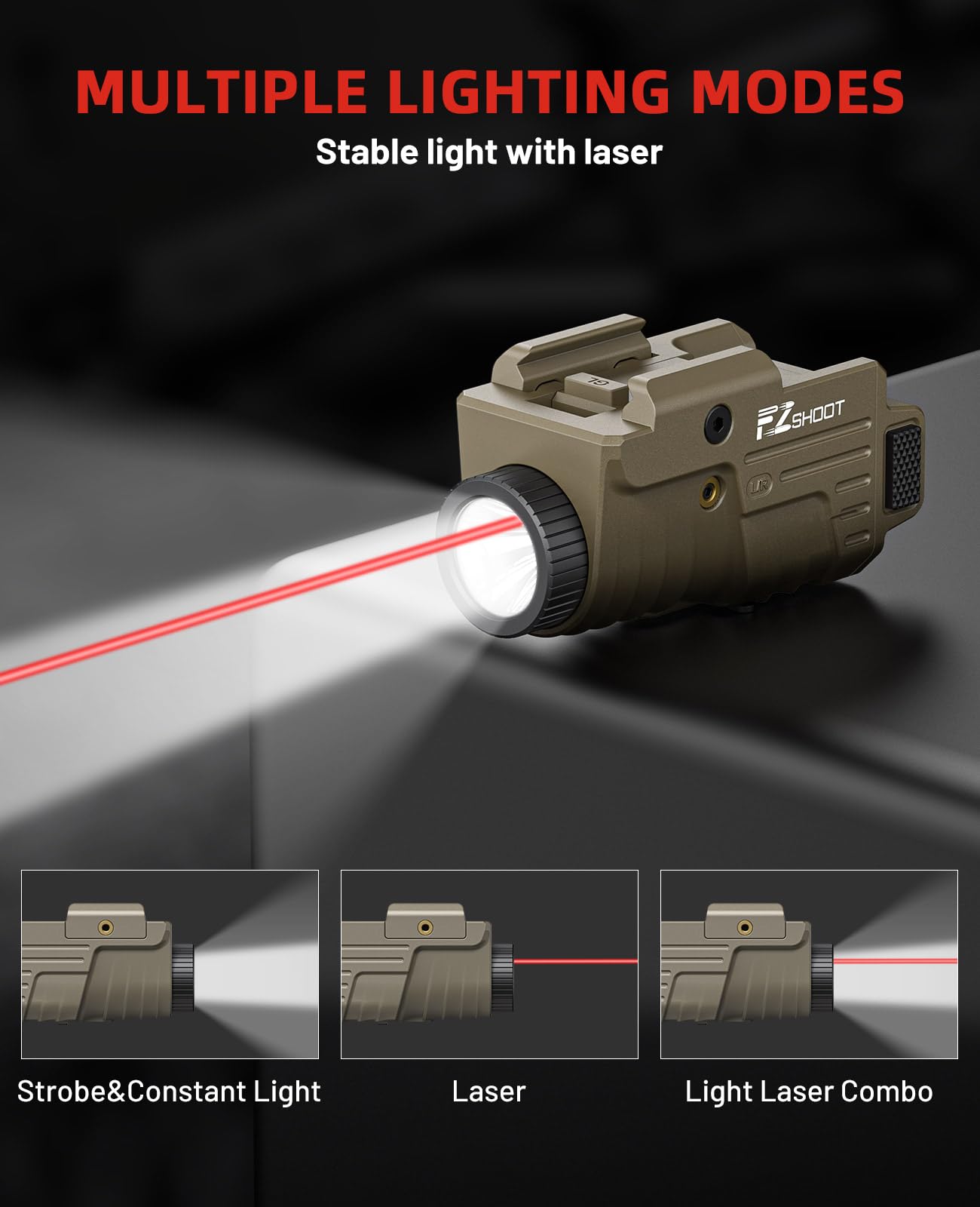 EZshoot 800 Lumens Pistol Light Laser Combo Rechargeable, Pistol Flashlight with Slidable Rail Compatible with Glock and Picatinny Rail, Gun Light with Red Laser Beam, Desert Tan