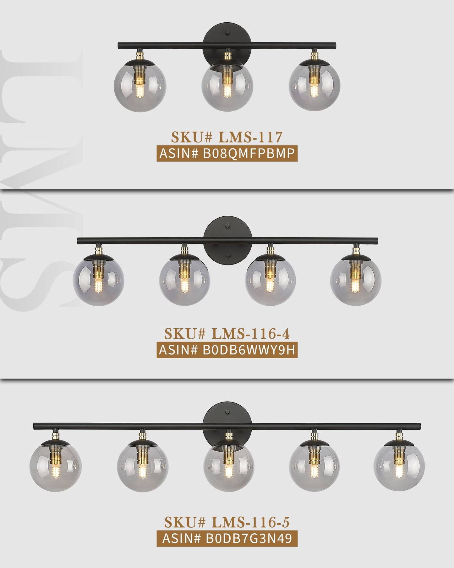 LMS Black Vanity Light, 3-Light Bathroom Light Fixtures 20.5 Inch, Black and Brass Gold Finish with Globe Glass Shade, LMS-117