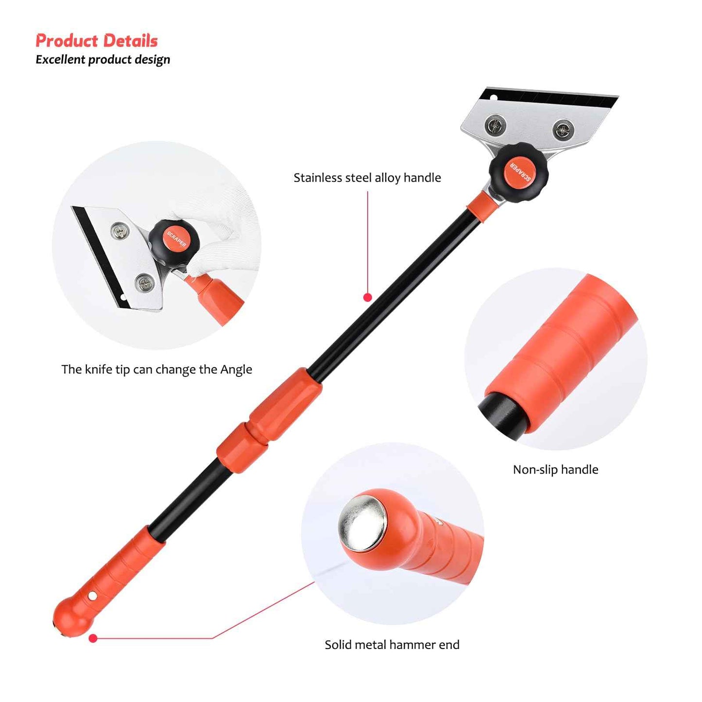 EHDIS Retractable Razor Blade Scraper Long Handle Heavy Duty Floor Scraper with Rotatable Head and 10pcs Replace Blades for Cleaning Glass, Tile, Floor, Wall,Door