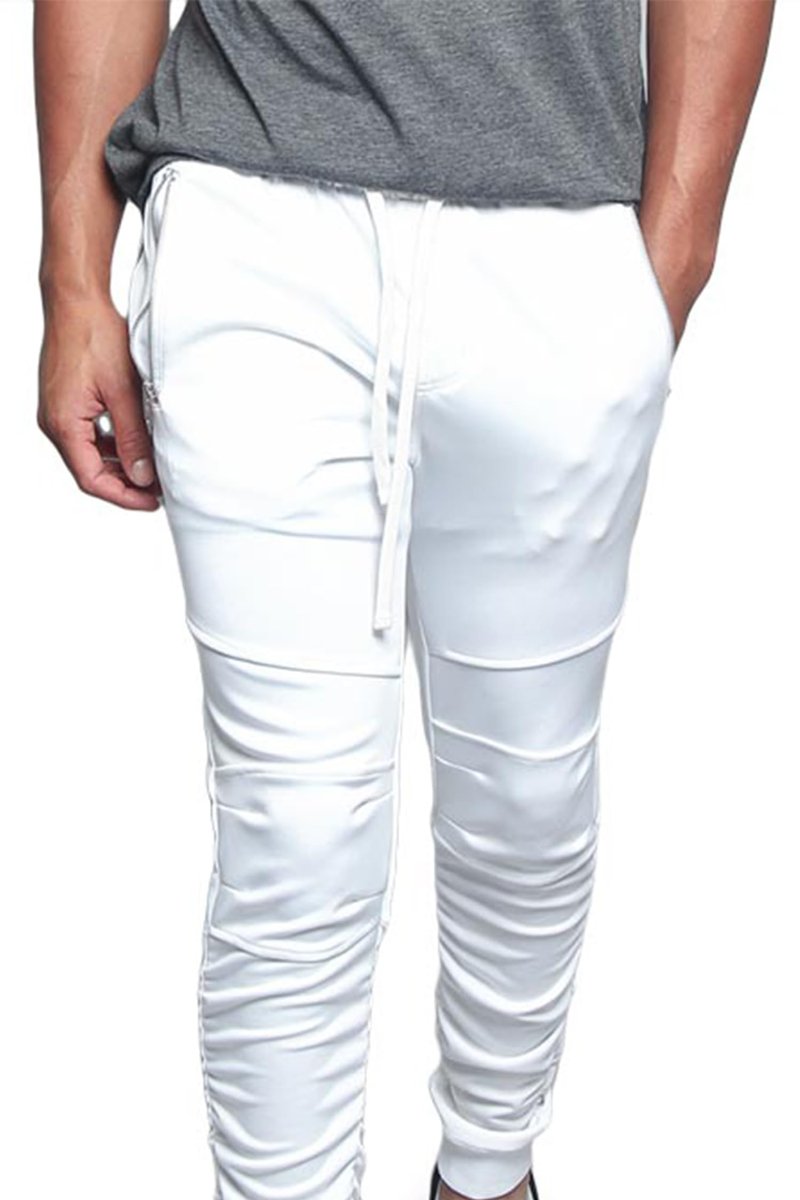 VS Sport Moto Style Sectioned Thigh Lettered Side Strip Zipper Pocket Scrunched Calf Drawstring Premium Track Pants TR548 - White - X-Large - V1E