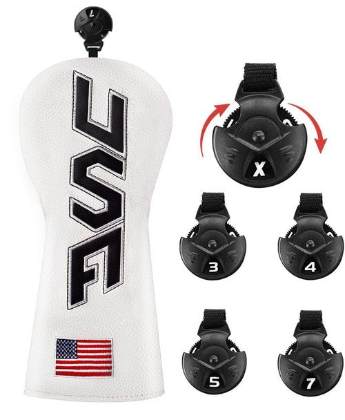 Honmeday Golf Head Cover Set with USA Flag Cross-Stitch for Golf Club Driver Fairway Hybrid (White-3pcs)