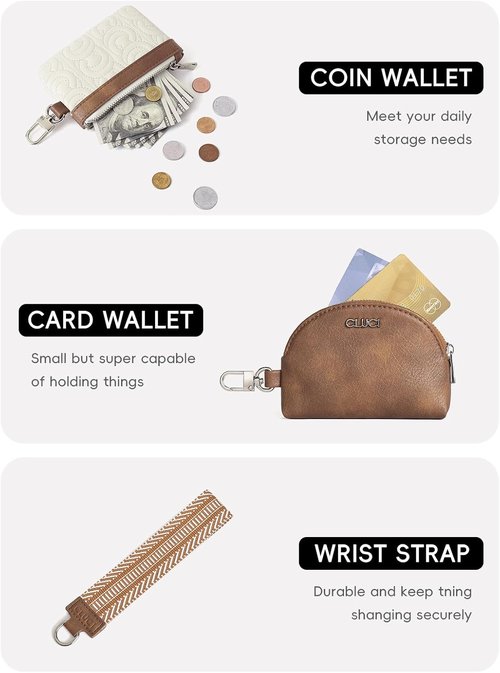 CLUCI Keychain Wallet - PU Leather Coin Purse with Detachable Dual Pouch | Beige and Brown