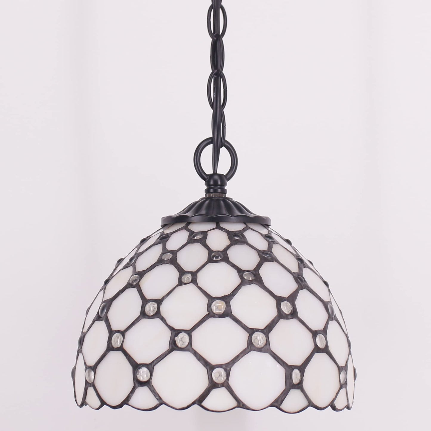 Small Tiffany Pendant Light 8 inch Tiffany Style Stained Glass Pendant Hanging Lamp Small Vintage Hanging Light Fixtures for Home Living Room Restaurant Hallway (White Amber Pearl Beads Style)