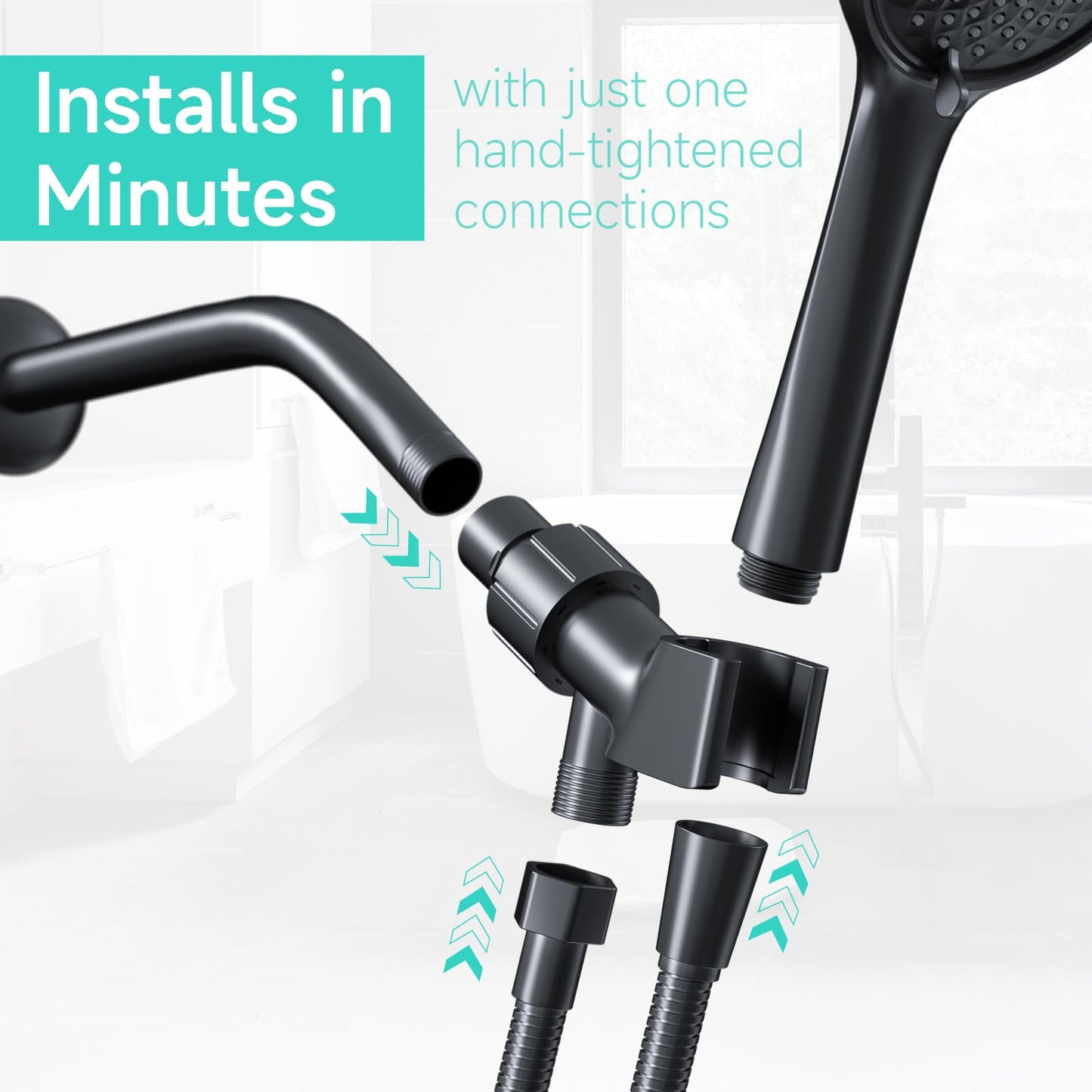 MAYYAYA Adjustable Shower Head Holder & Hose Kit | Premium ABS Bracket with 360° Rotatable Brass Ball, No Tools Install for Most Handheld Showers(Black Hose and Holder)