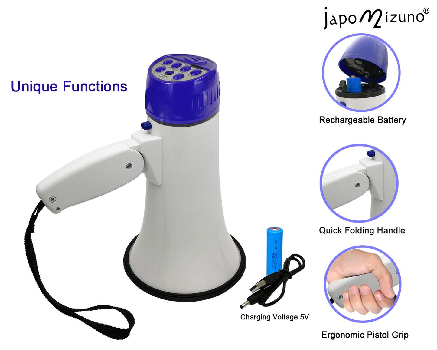 japomizuno 30W Rechargeable Megaphone Speaker - Portable Bullhorn with 240S Recording, USB MP3 Player, Siren & Foldable Handle - High Power PA System for Outdoor Event