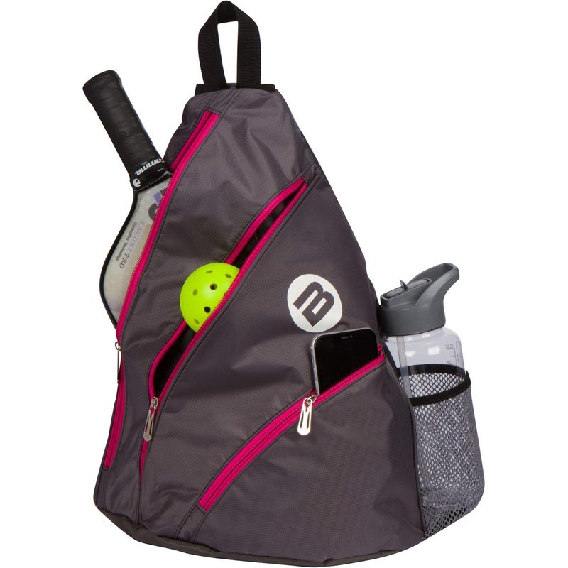 BESTA Premium Pickleball Bag. Padded Sling Bag with 3 Compartments, Water Bottle Holder and Adjustable Strap that Switches Sides. Holds Several Paddles, Balls and More. (Gray with Pink Trim)