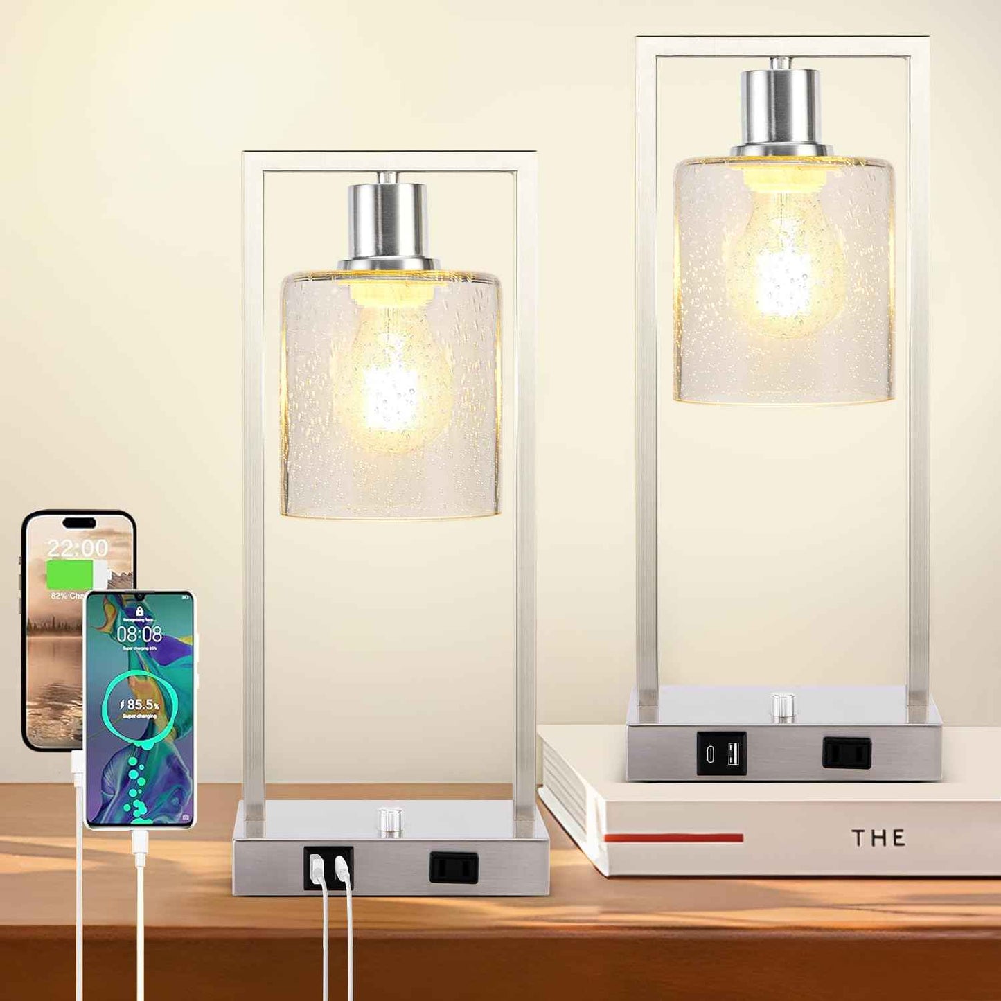 16" Set of 2 Nickel Industrial Table Lamps with USB A+C Charging Ports and AC Outlet, Fully Stepless Dimmable Bedside Lamps with Seeded Glass Shade for Bedroom Living Room Office, LED Bulbs Included