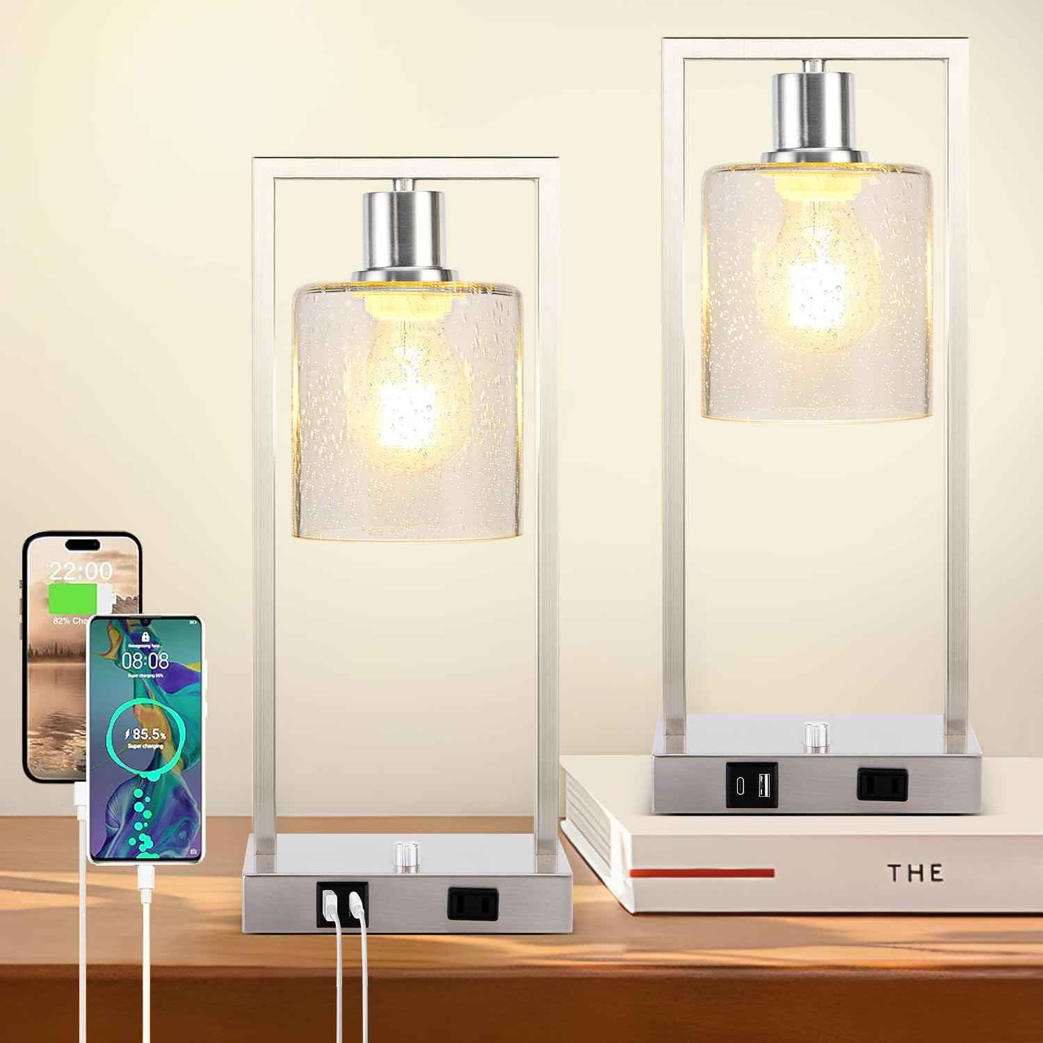 16" Set of 2 Nickel Industrial Table Lamps with USB A+C Charging Ports and AC Outlet, Fully Stepless Dimmable Bedside Lamps with Seeded Glass Shade for Bedroom Living Room Office, LED Bulbs Included