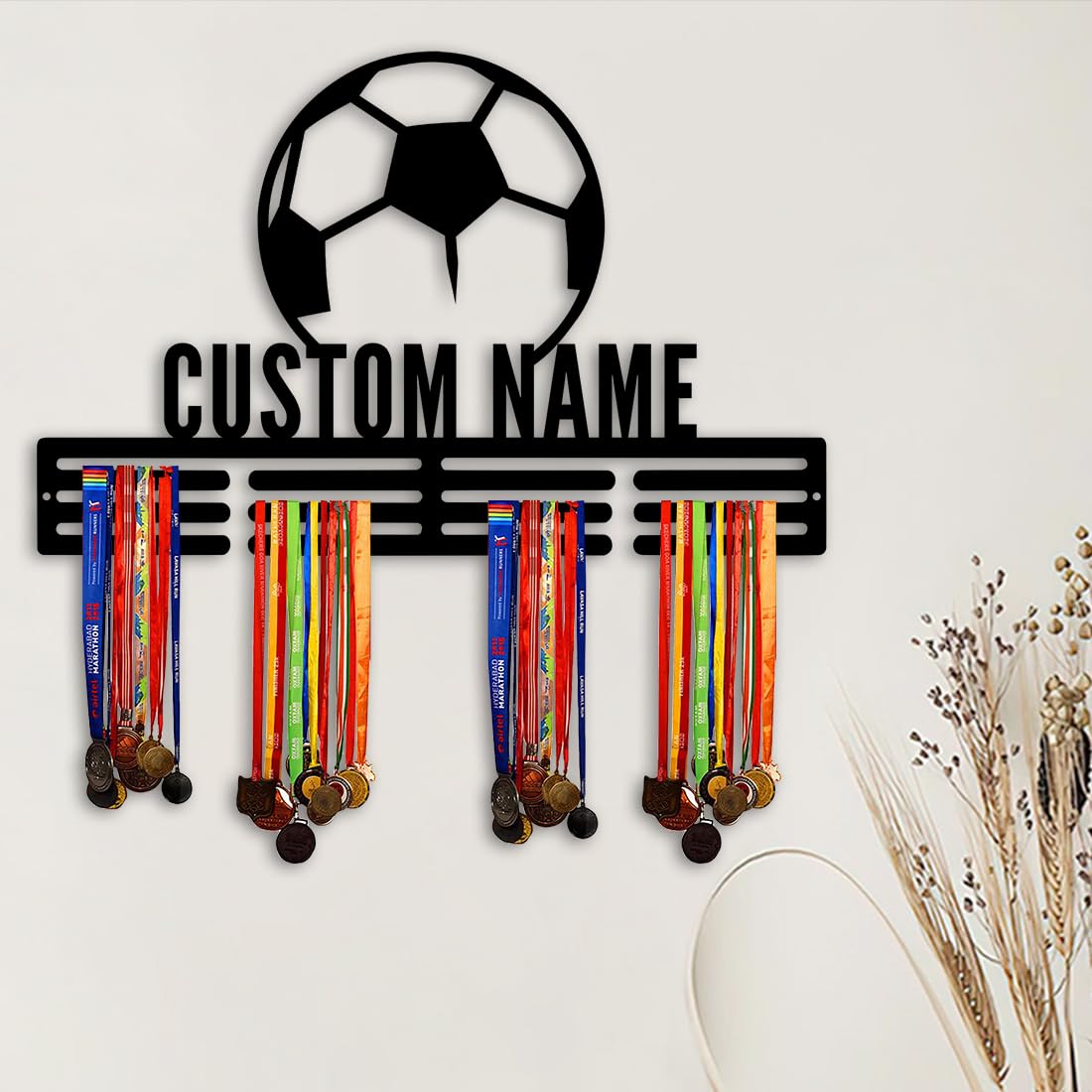 XIAO.Z Personalized Metal Soccer Medal Hanger Holder Display Rack for Awards Ribbons With LED Light - Custom Sports Medal Holder for Wall - Boy Girl Kid's Name