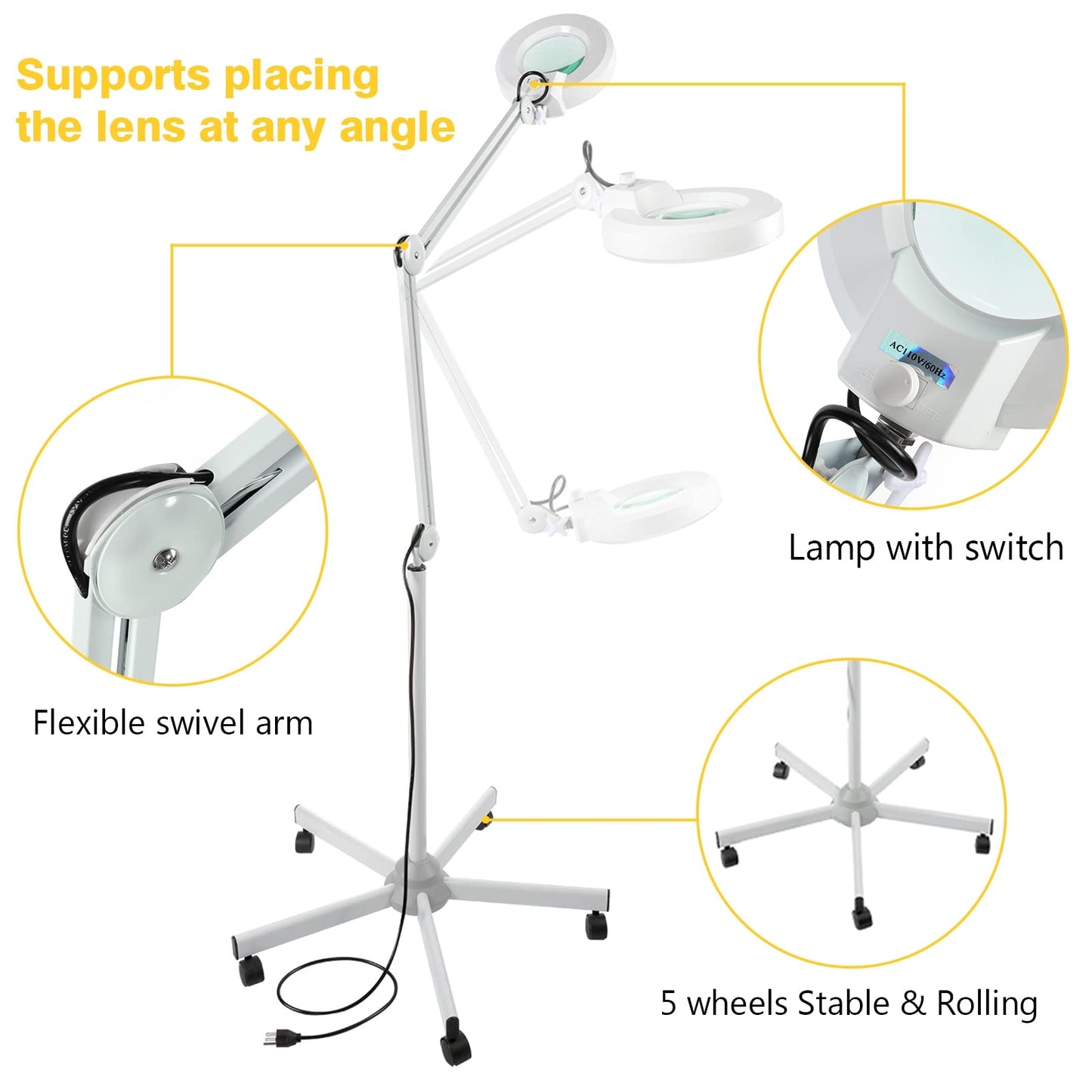 VARIPOWDER Magnifying Glass with Light and Stand with 5 Wheels Rolling for Estheticians Mag Floor Lamp for Facials Dimmable Work -1500 Lumens for Lash Extensions, Sewing, Close Work, Crafts