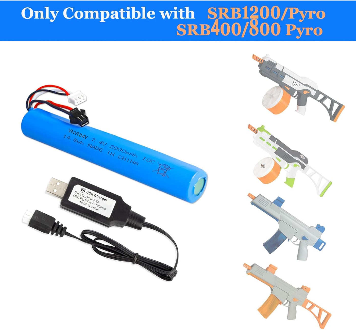 Splatrball 7.4V 2000mAh Rechargeable Battery - USB Charger Included for Airsoft Gel Blaster