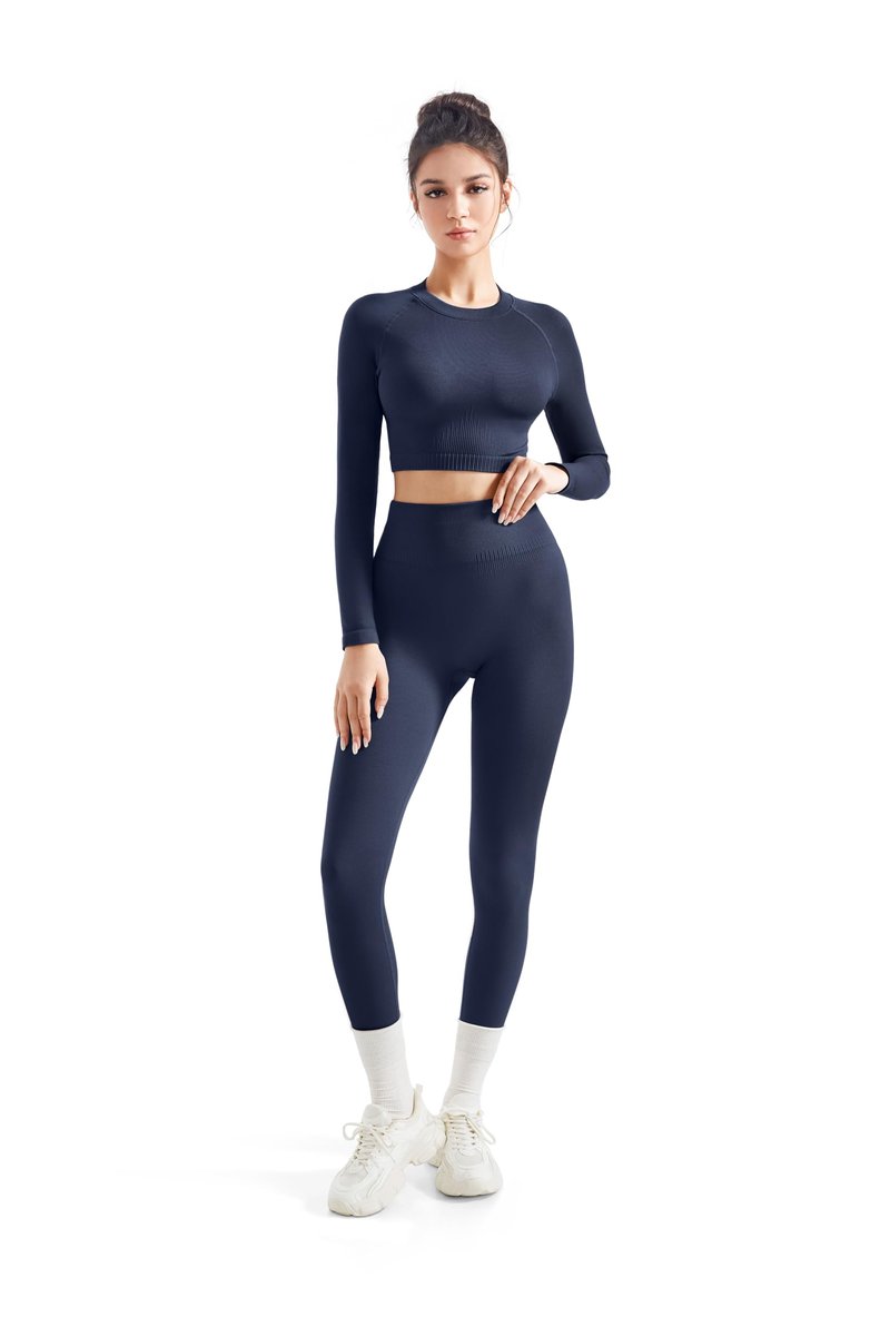 SUUKSESS Women 2 Piece Workout Sets Hidden Scrunch Hip Lifting Seamless Leggings Long Sleeve Yoga Crop Tops High Waisted Yoga Pants Tracksuits (Navy Blue, M)