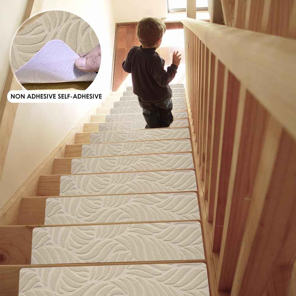 8" X 30" Stair Treads for for Wooden Steps,Non-Slip Carpet Step Treads Step Covers(15-Pack),Safety Rug Stair Tread Covers Indoor Stair Mats for Elders, Kids and Dogs (Leaf-Beige)
