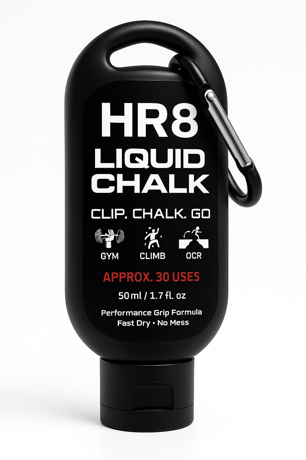 HR8 Liquid Chalk 50ml with Carabiner, Chalkless Mess-Free Grip for Gym, Weightlifting & Rock Climbing Chalk, Liquid Chalk Gym (Up to 30 Uses)