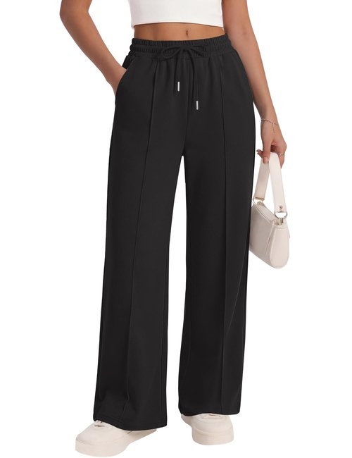 LOMON Womens Wide Leg Sweatpants High Waisted Drawstring Baggy Sweat Pants Teen Girl Joggers Pants with Pockets (Black,M)