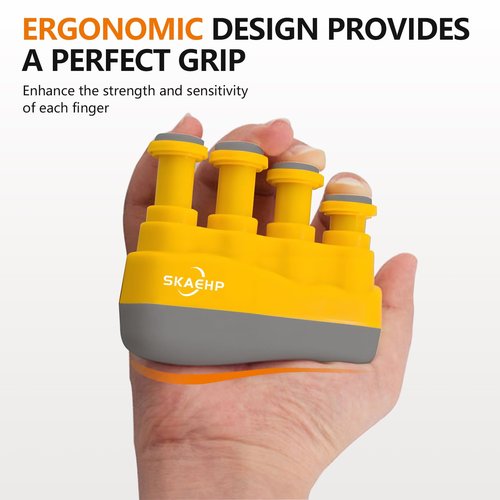 Hand exerciser - Improves finger, hand, and forearm flexibility and strength - Adjustable tension for each finger - Simulates guitar strings to help build calluses - Comfortable workout - Yellow and gray