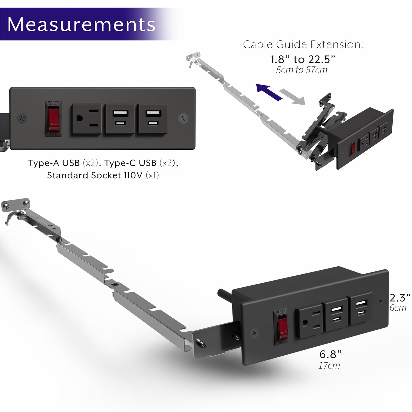 Life Finds Compact in-Drawer Charging Station Power Strip with 2 USB-A, 2 USB-C, AC Outlet, Black, LF-DOC1