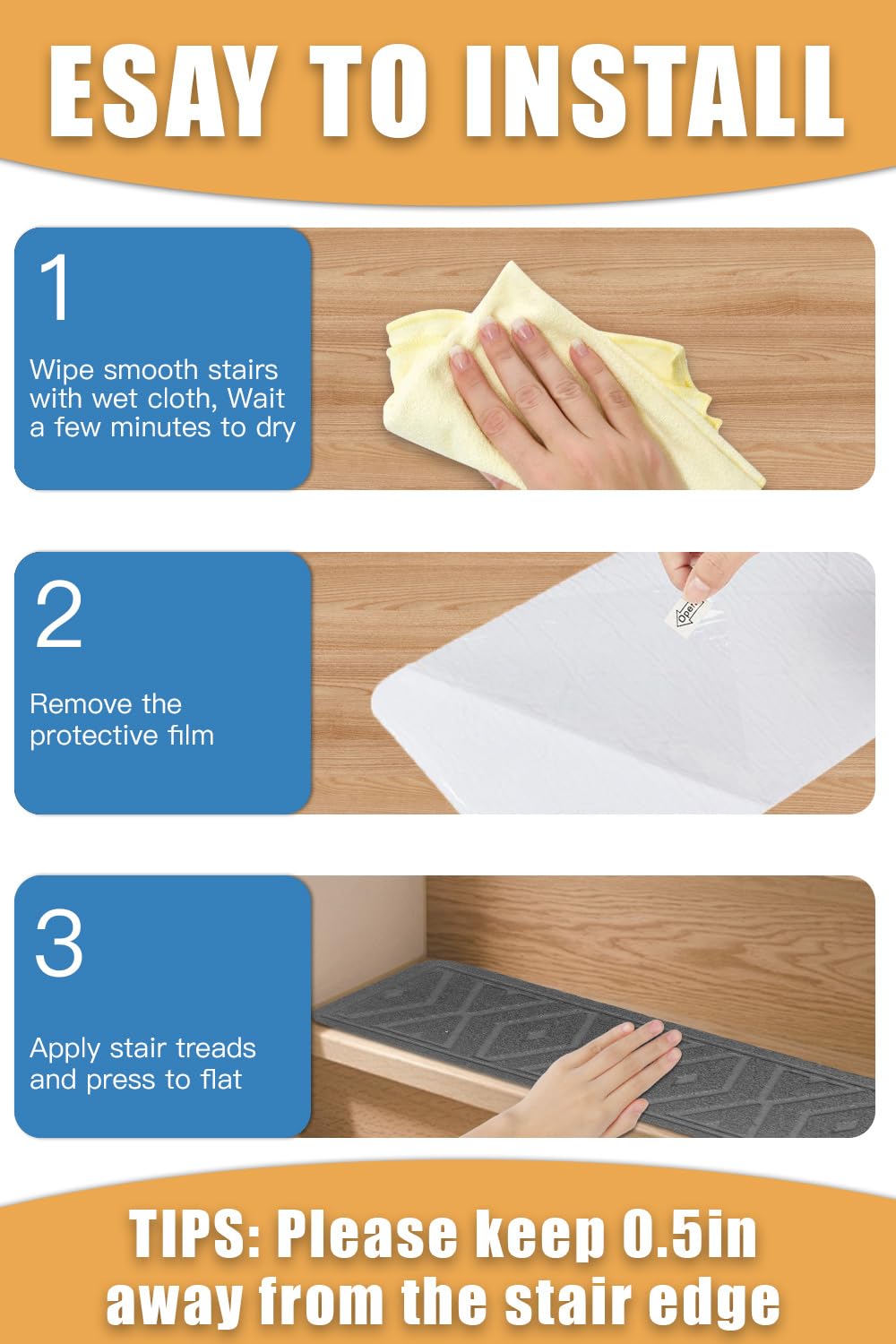 5 PCS 8”x30” Stair Treads Non-Slip for Wooden Steps, Peel and Stick Stair Carpet Indoor, Washable Step Treads with Reusable Adhesive 5PCS (Grey)