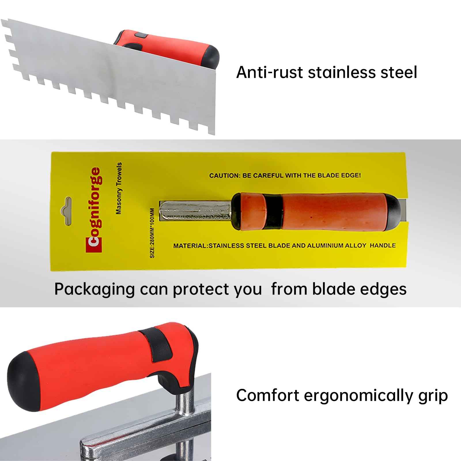 Square Notched Tile Trowel Set,Made of Premium Stainless Steel,with Grout Sponge and Work Gloves, Masonry Tools for Tiling Installation(Notch Size: 5/32" & 5/16" & 1/2")