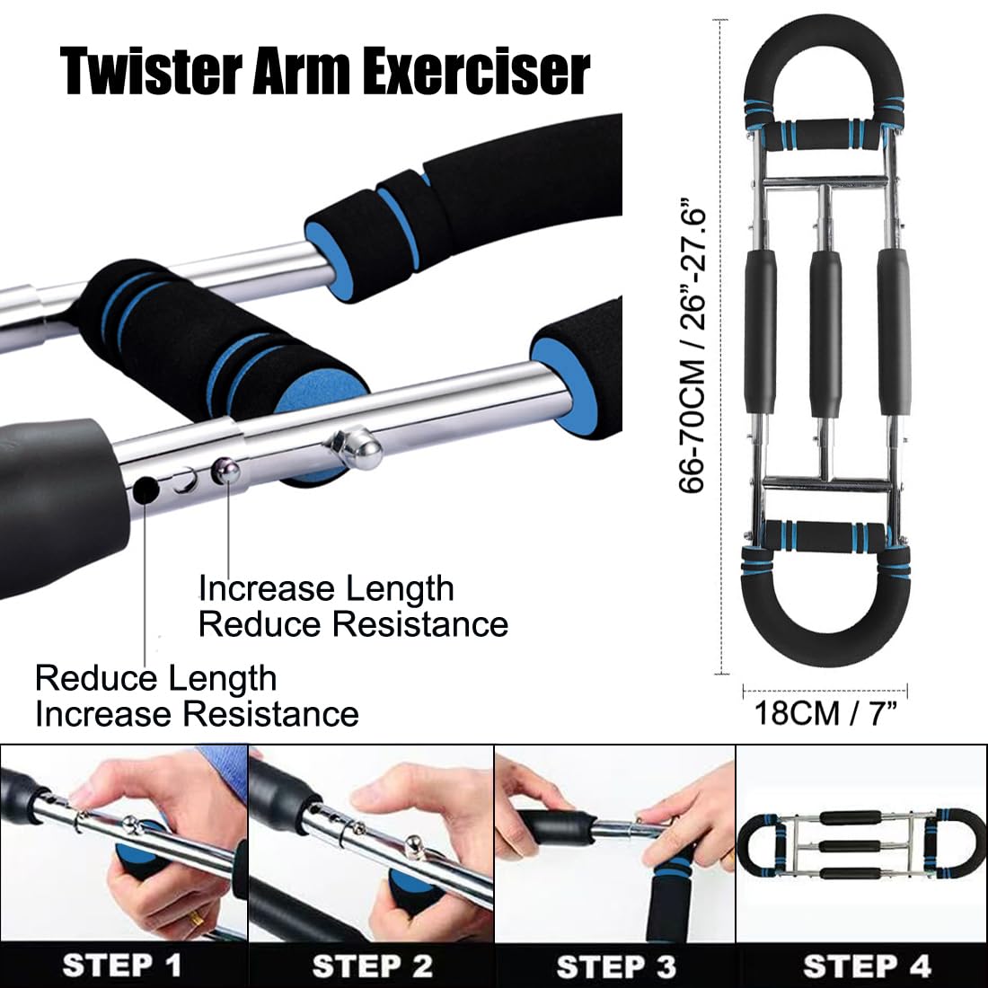 YCYU Twister Arm Trainer, Three Tube Resistance Spring System, Adjustable Chest Workout Equipment, Portable Muscle Training for Home Gym Exercise (Blue)