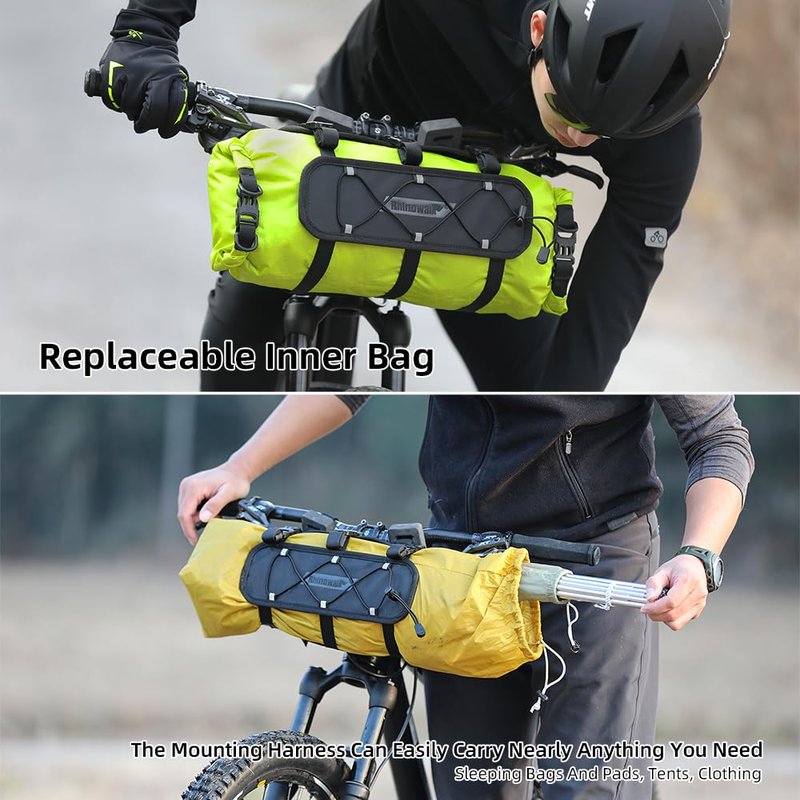 Rhinowalk Waterproof Handlebar Bag 12L, Roll-Top Bikepacking Dry Bag with Front Panel & Removable Harness, Shoulder Strap Included (Type 9300)