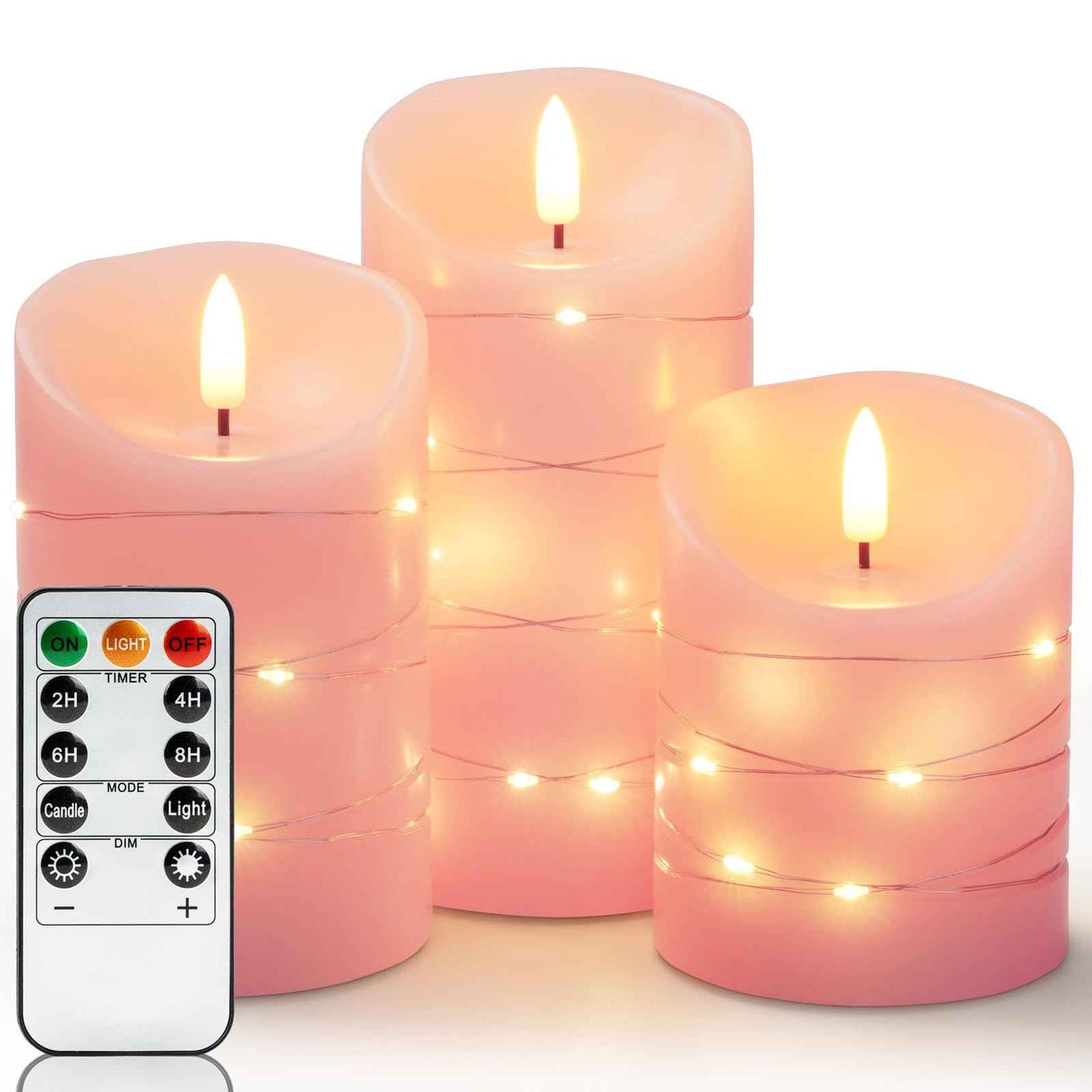 Homemory Flameless Candles with String Lights, 3 Pack Embedded Fairy String Lights LED Candles, Electric Flickering Candles with Remote Control and Timer, Real Wax, Pink